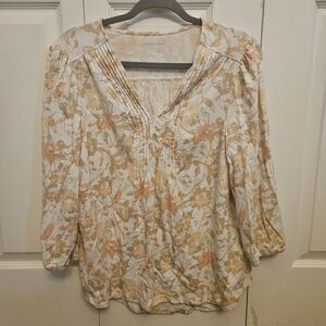 Lands' End Floral V-Neck Peasant Blouse in Peach and Cream